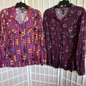 Two Wrangler Retro XL Long Sleeve Button Down Shirts Pearl Snaps Turquoise Snaps